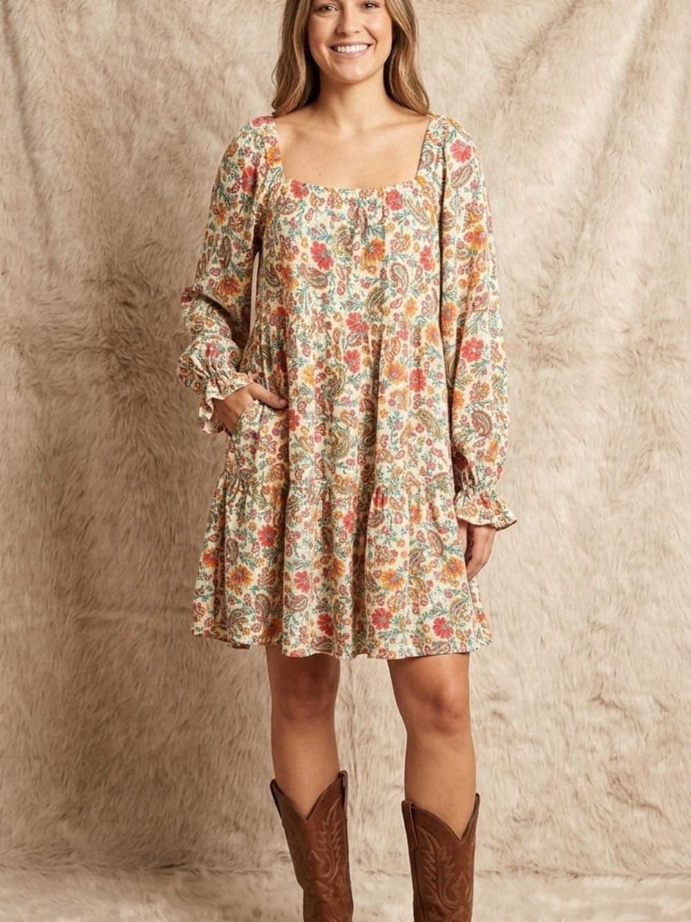 Patrons of Peace Cream Paisley Mini Dress with Pink & Mustard Accents